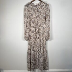 Lucky Brand Women's Maxi Dress Long Sleeve Sheer Peasant Floral Blue Medium